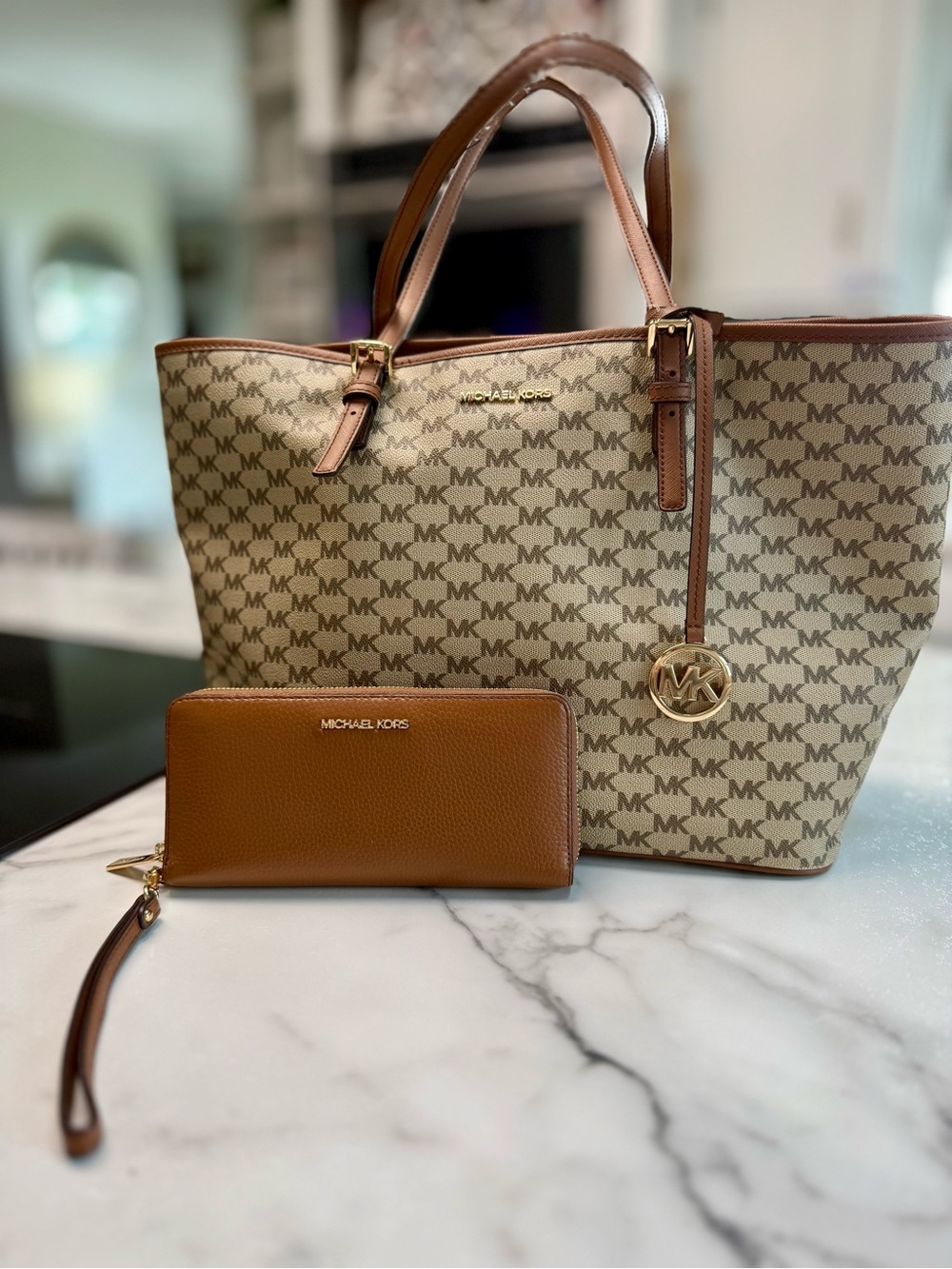Michael Kors Brown Logo Tote with Tan Leather Trim and Matching Wallet